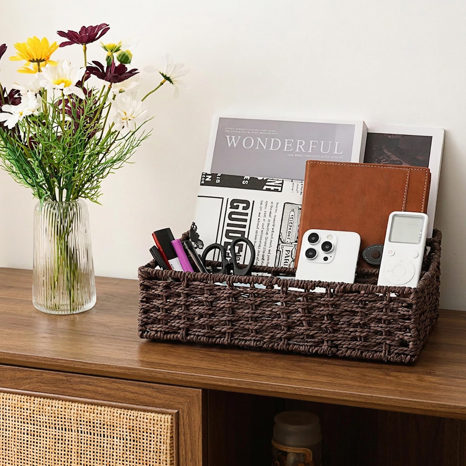 Woven Desk Organizer Basket with 5 Compartments, Rustic Paper Rope Mail Holde…