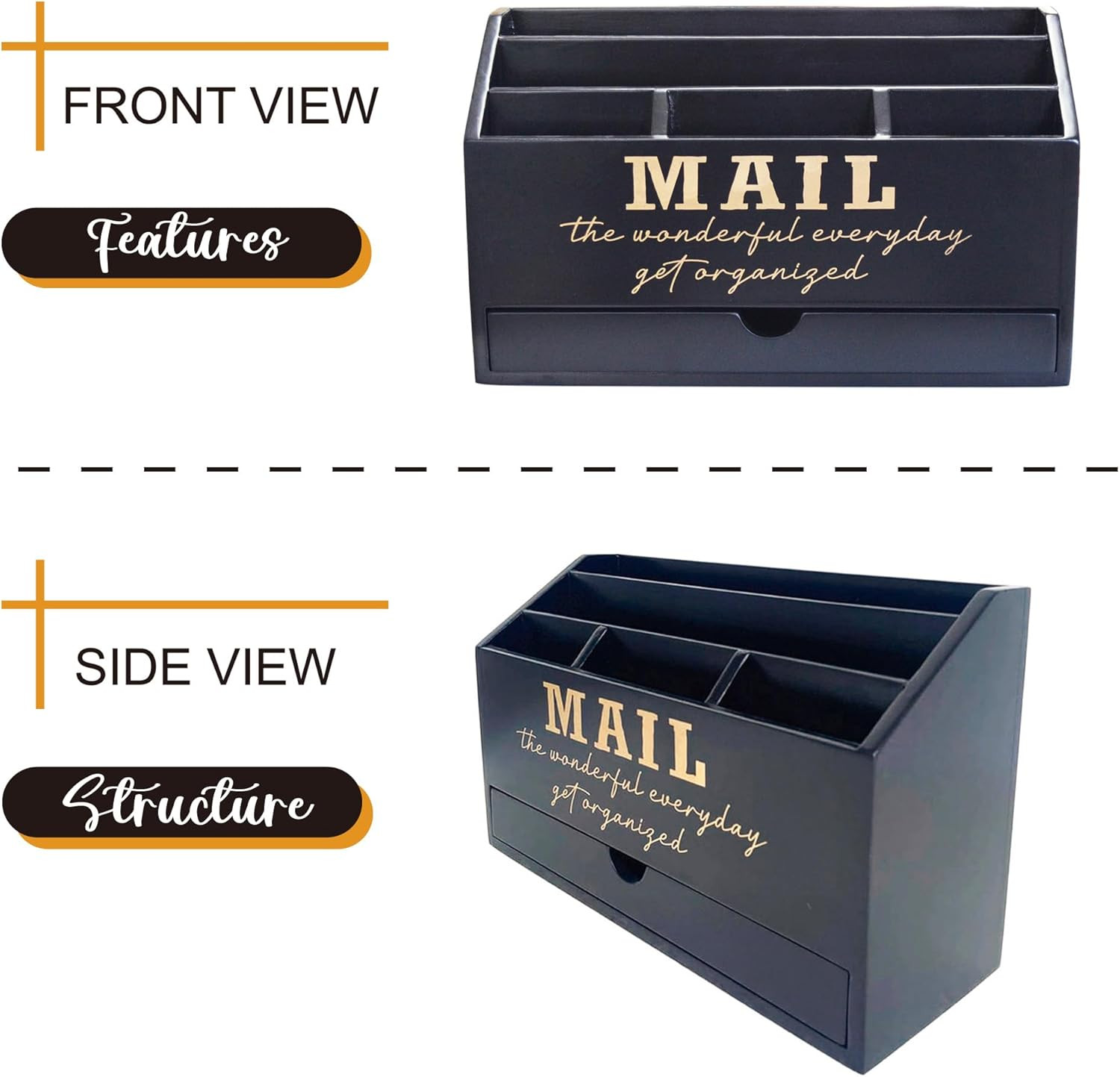 Wooden Black Rustic Countertop Mail Storage Holder with Drawer and Compartments