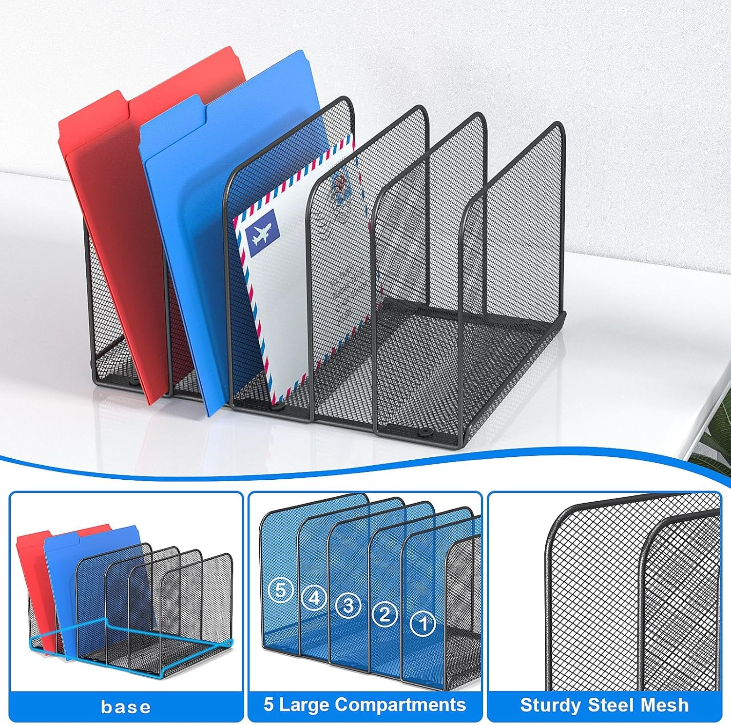 5-Section Mesh Desk File Organizer Metal Upright Desktop Rack for Documents &