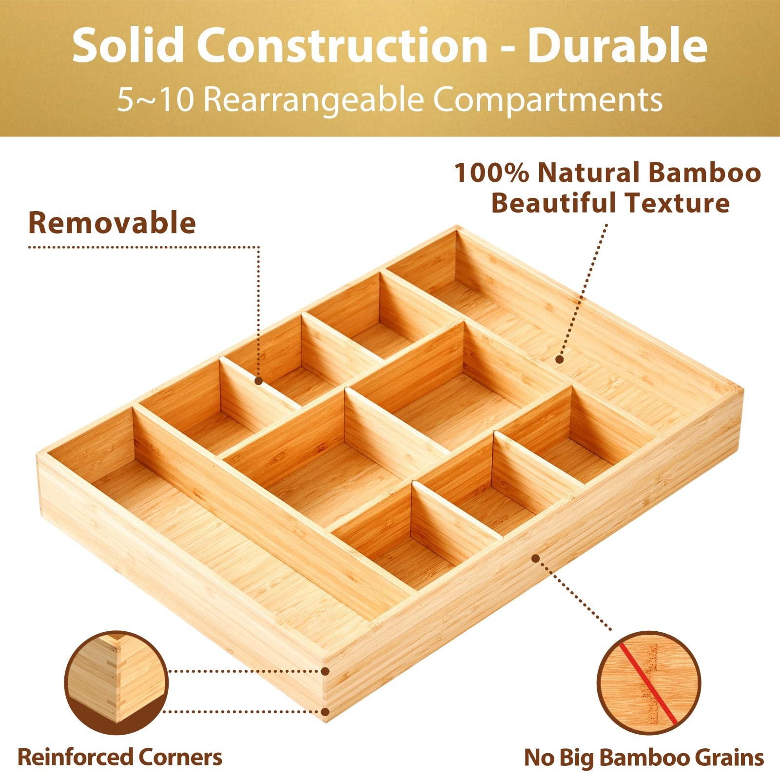Bamboo Desk Drawer Organizer with Adjustable Dividers, 17×12