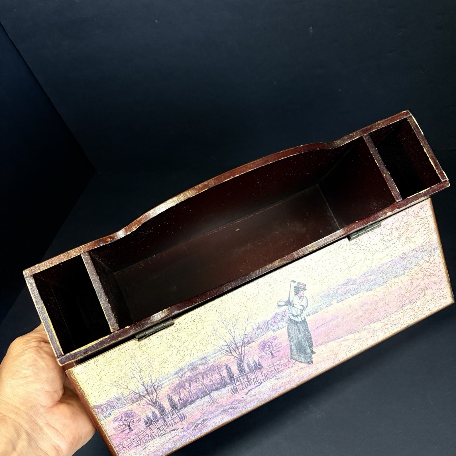 Vintage Woman Golfer Desk Organizer Mail Papers Letters Pens Holder Storage Box