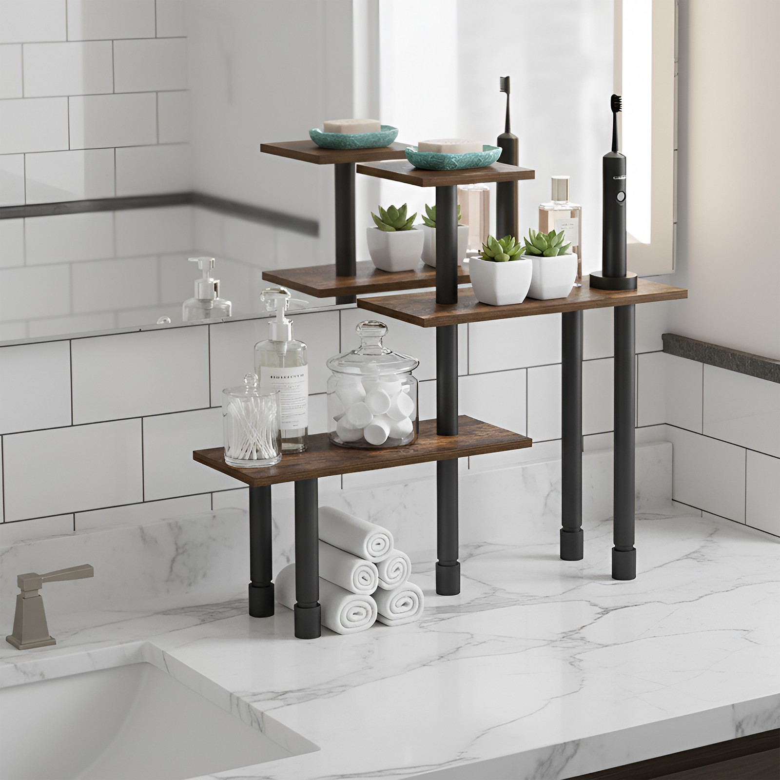 Furinno TURN-N-TUBE 3-Tier AdJUSTable Countertop Corner Organizer Amber Pine