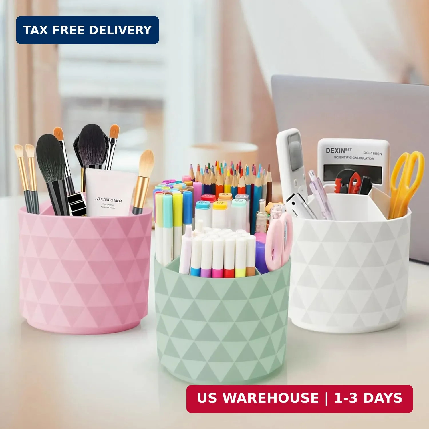 Desk Organizer, 360-Degree Rotating Pencil Pen Holders For Desk, Diamond Pattern
