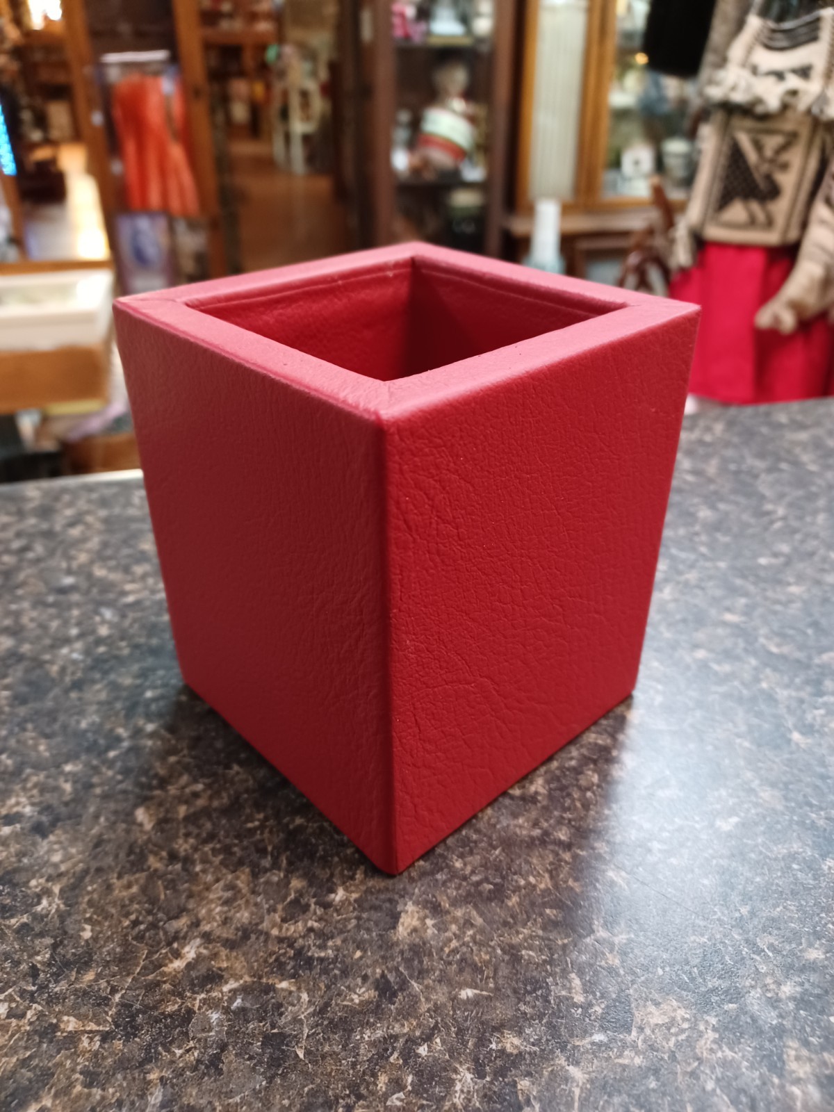 Red Leather Square Pen Holder Pencil Cup Desktop Caddy Stationery Organizer