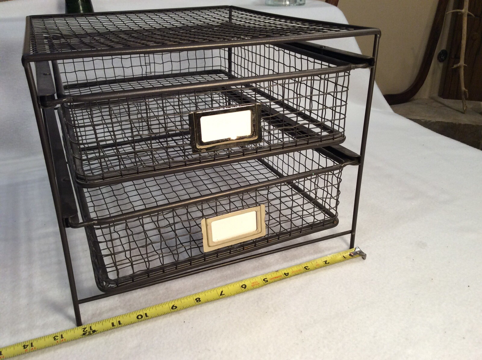 Vintage Metal Wire Office Desk Top File Paper Double Sliding Basket Storage Bin