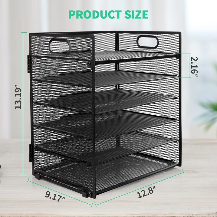 6-Tier Metal Mesh Desk Organizer with Handle Paper Letter Document Tray Black