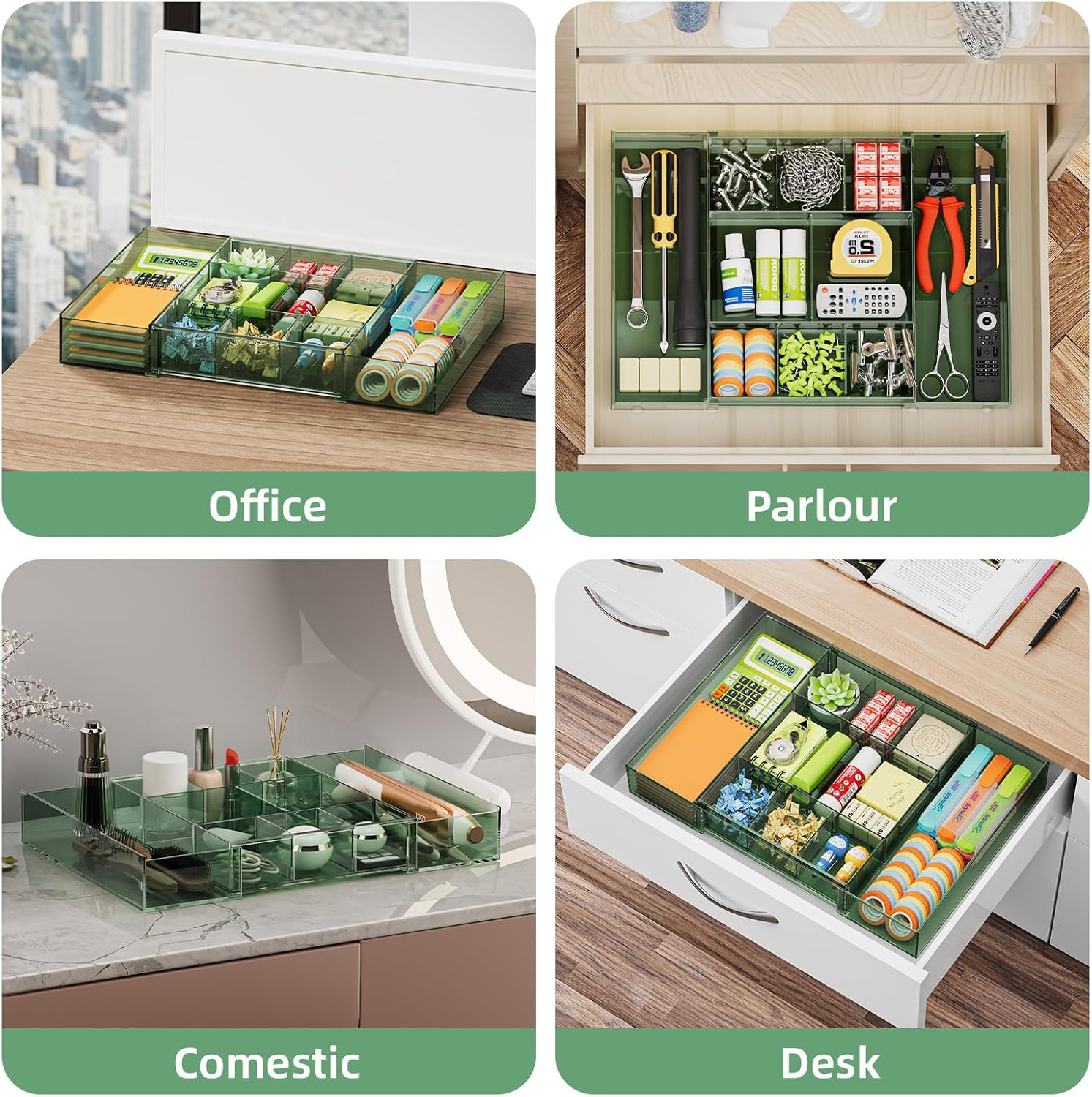 Expandable Desk Drawer Organizer, Clear Plastic Drawer Organizer Tray with 10 Ad