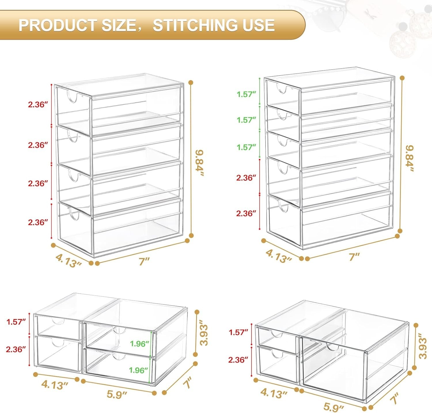 Makeup Organizer Storage with 16 Drawers, 4 Pcs Desktop Office Supplies, Desk Or