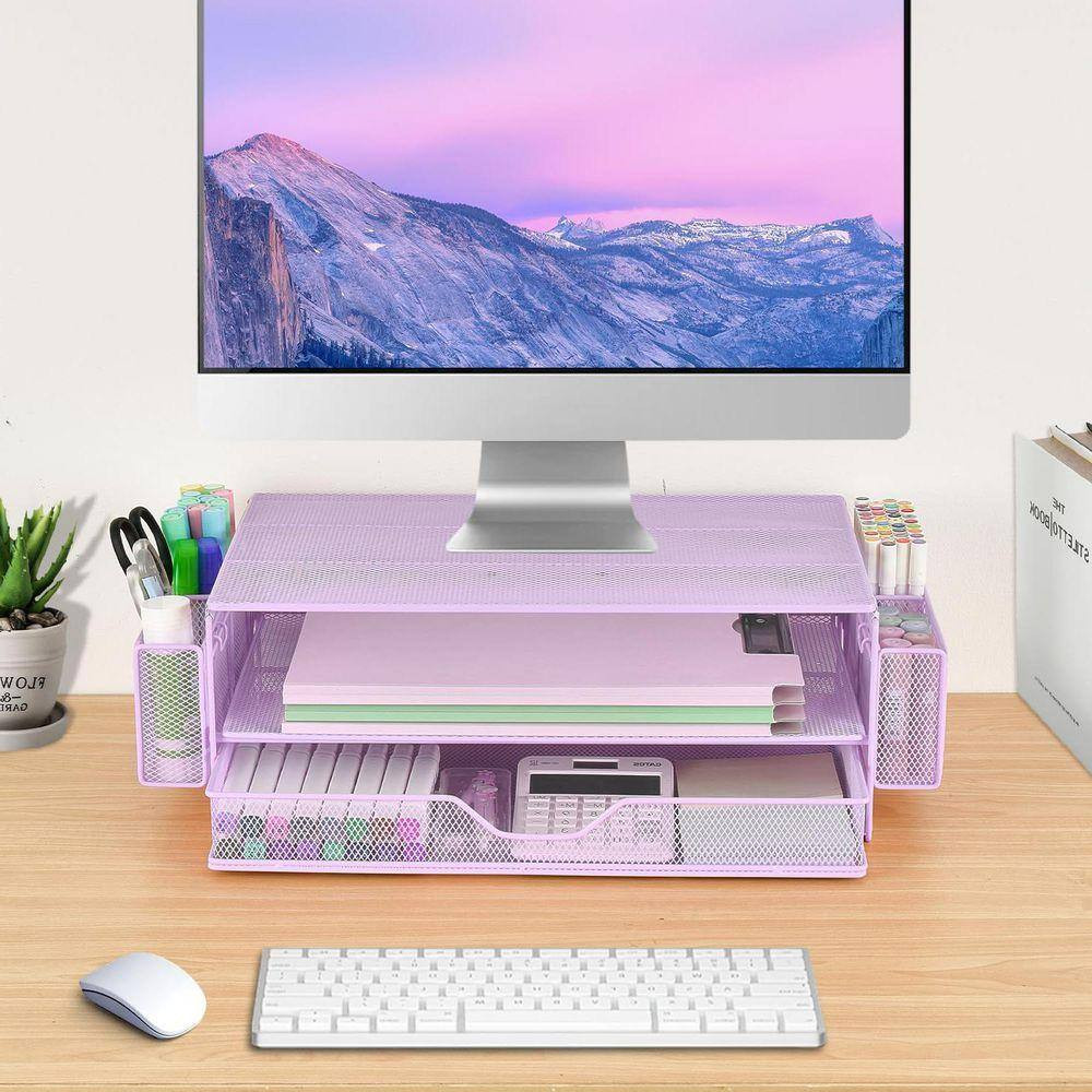 Purple 15.7 In. X 5 In. Metal Modern Desk Organizer Stand with Drawer and 2 Pen