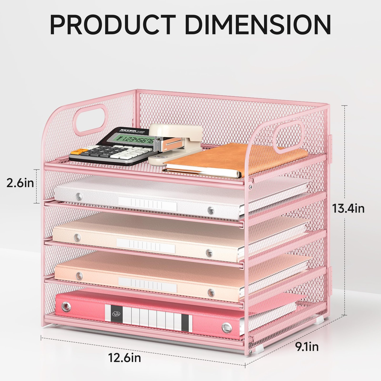 Lavatino Desk Paper Organizer with Handle, 2 Pack 5-Tier Pink Mesh Desk File