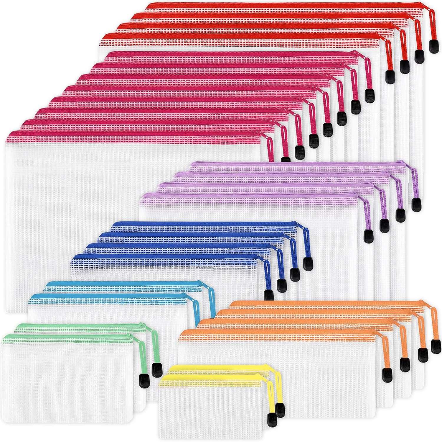 30Pcs Mesh Zipper Pouch Bags, 8 Sizes Plastic Zipper Bags, 8 Colors Waterproof Z