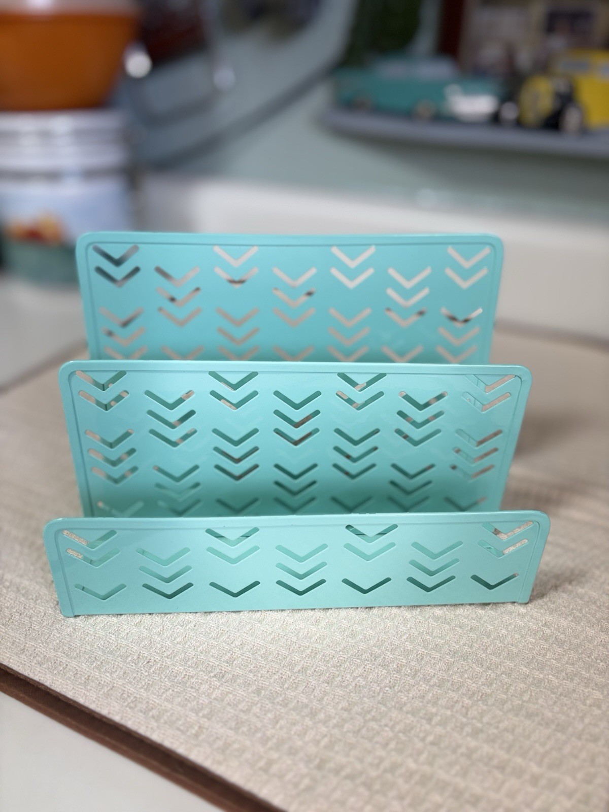 Aqua/Teal Metal Desktop Organizer 3-Slot Letter Mail Paper Holder Chevron