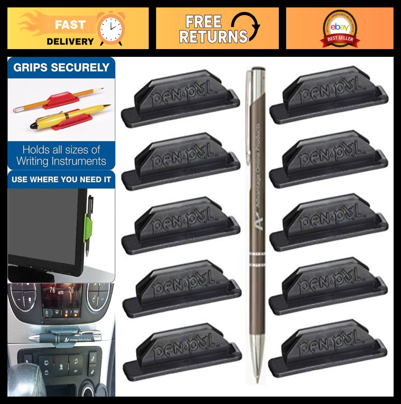 10 Pack Self-Adhesive Pen Holders, Removable Black Pen Grips for Comfort