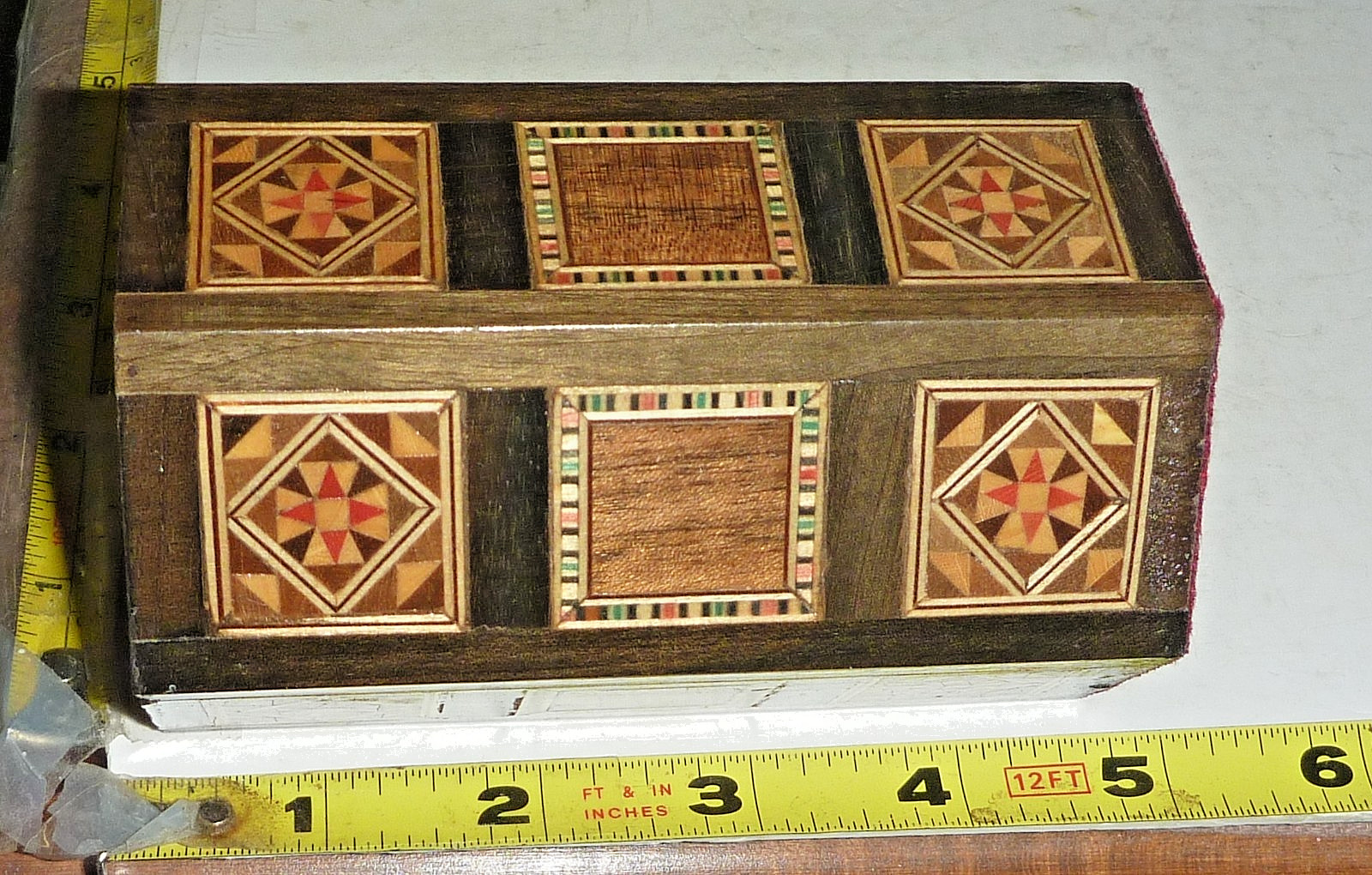 Vtg Inlaid Wood DAMASCUS Hexagonal Pencil Holder – Felt Lined ~4½” H