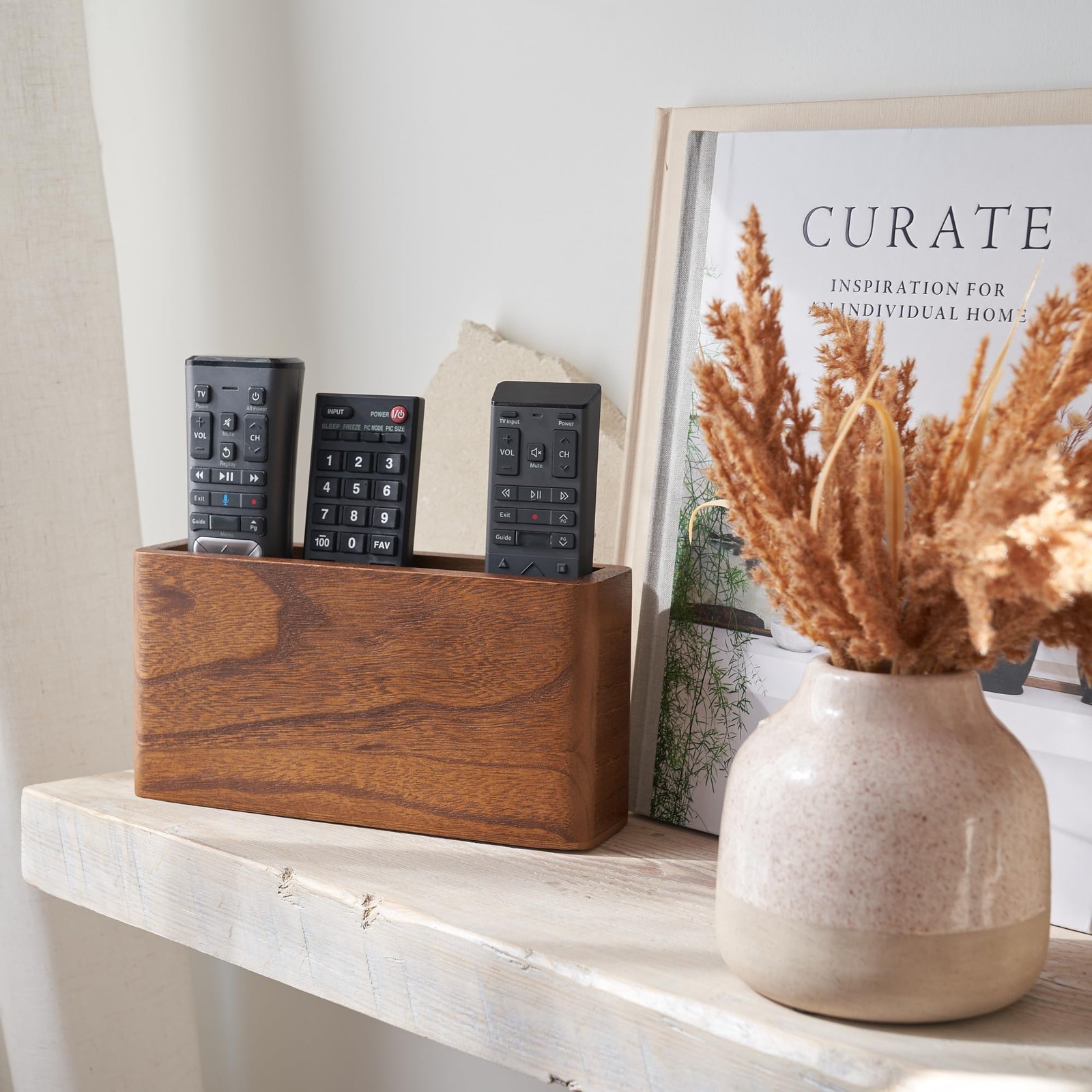 Wooden Remote Control Holder Wall Mount Caddy Holds 3–4 TV Remotes Wood Brown