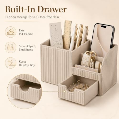 PU Leather Desk Organizer with Drawer Pen Holder Multi-Compartment Office