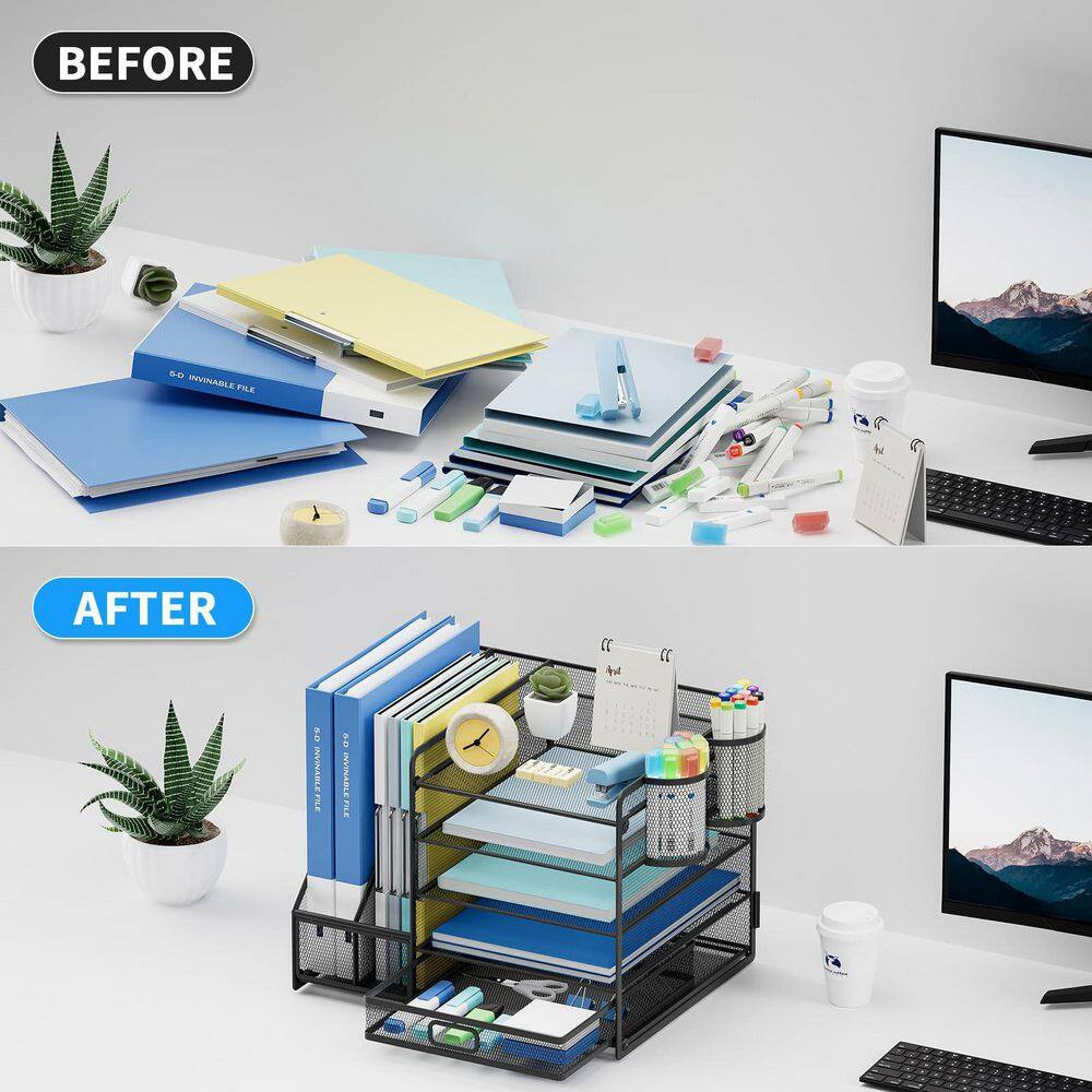 Black 13.77 In. X 11.02 In. Metal Desk Organizer with Sliding Drawer and 2 Pen H