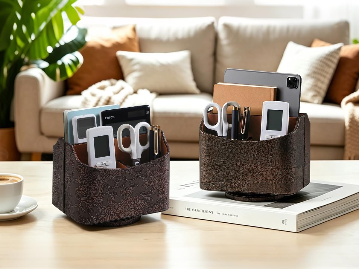 PU Leather Remote Control Holder, 360 Degree Rotating Desk Organizer Luxury D…