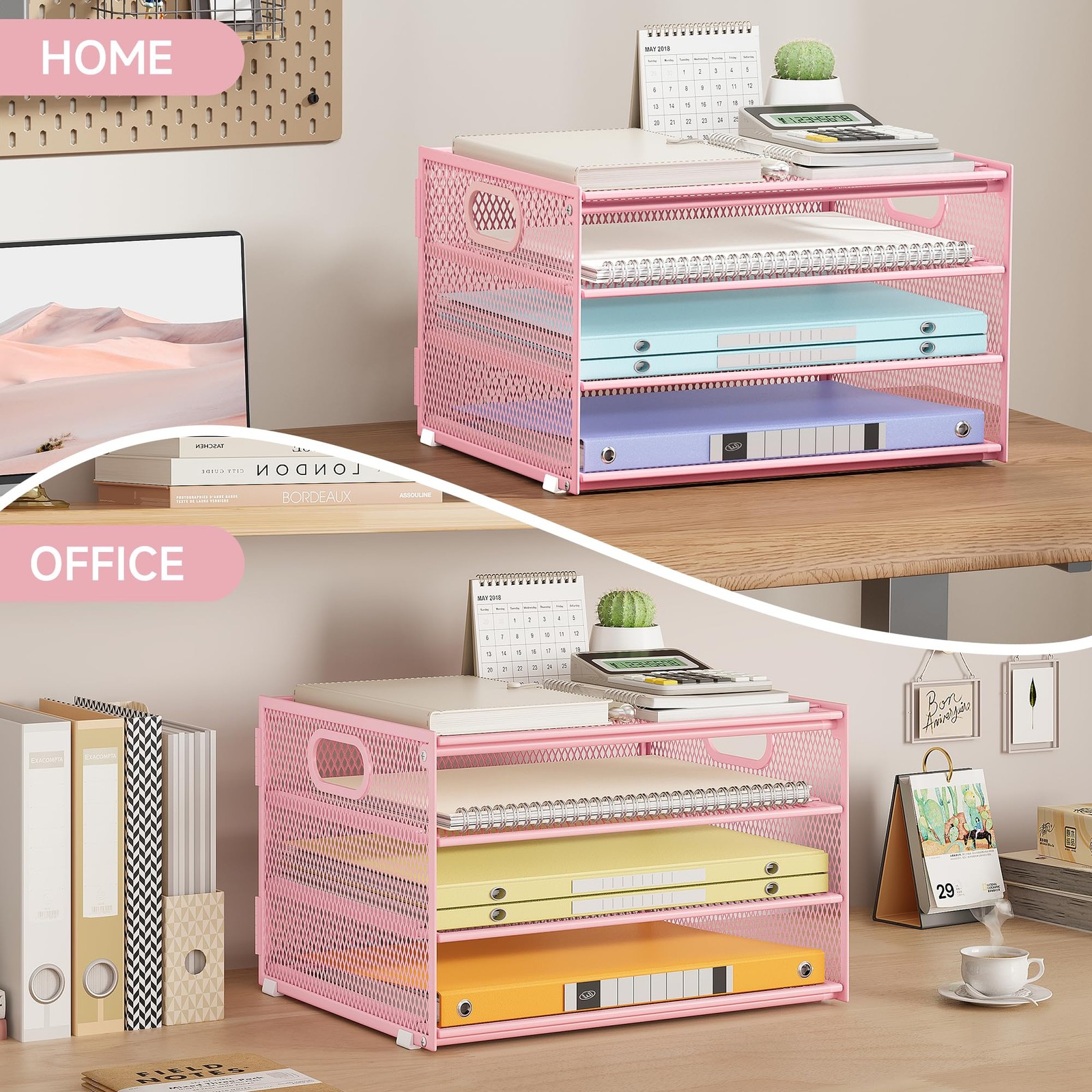 Paper Letter Tray Organizer Desk Pink Metal Mesh File Sorter 2 Sliding Trays