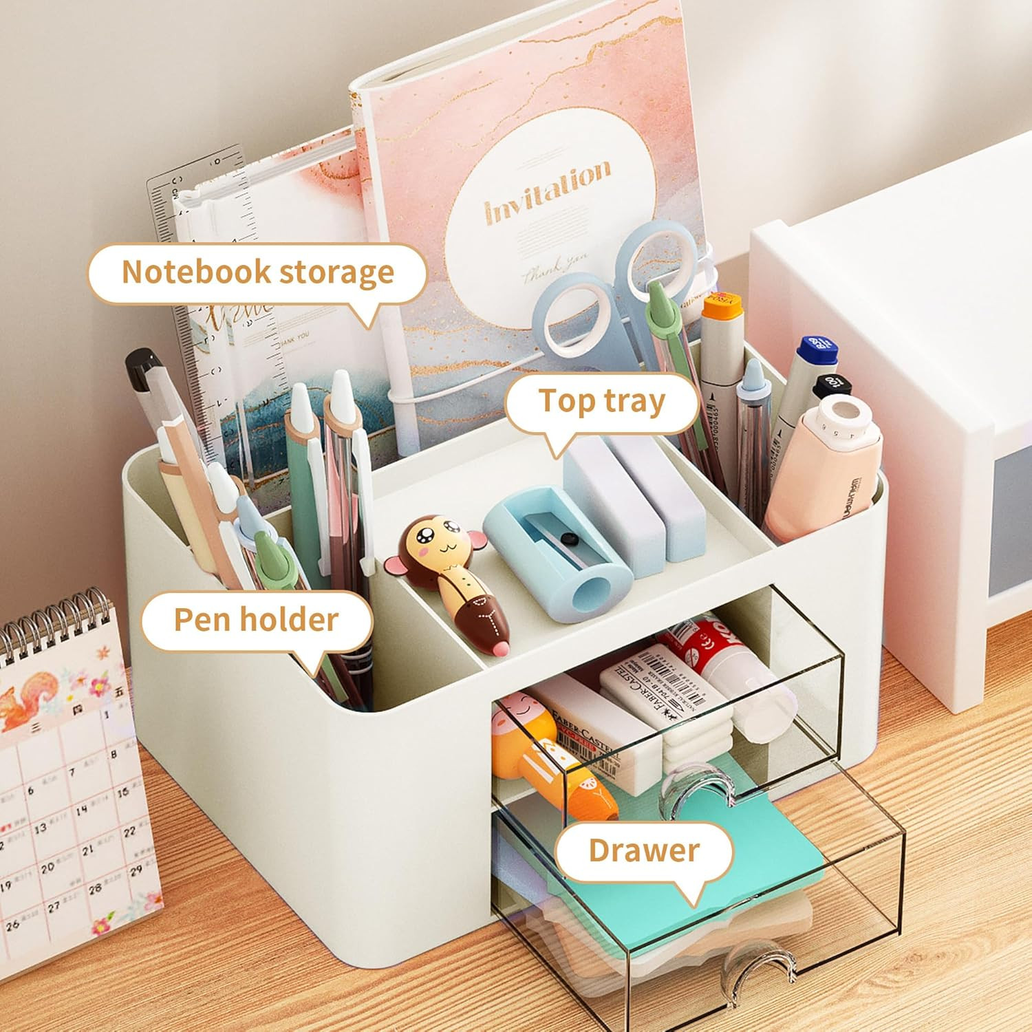 Pen Organizer with 2 Drawer, Multi-Functional Pencil Holder for Desk, Desk Organ