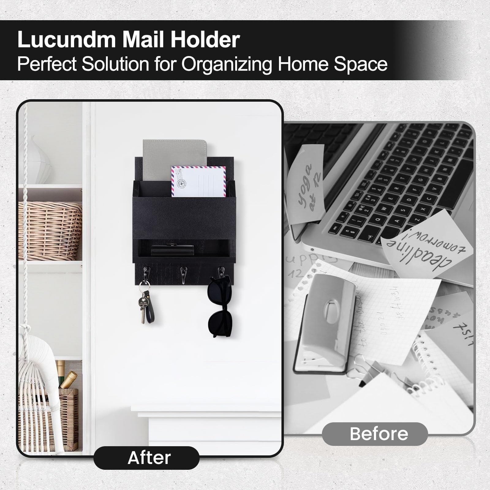 Black Key Mail Holder Wall Mount Chalkboard Storage Box 3 Hooks Organizer