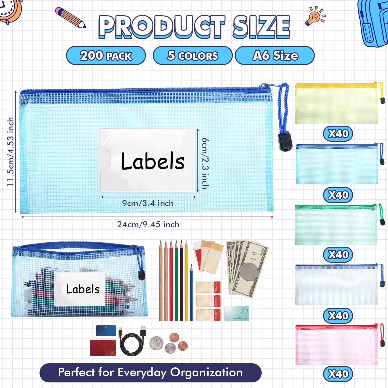 200 Pack A6 Mesh Zipper File Bags with Label Cards, 9.45×4.53 in Waterproof P…