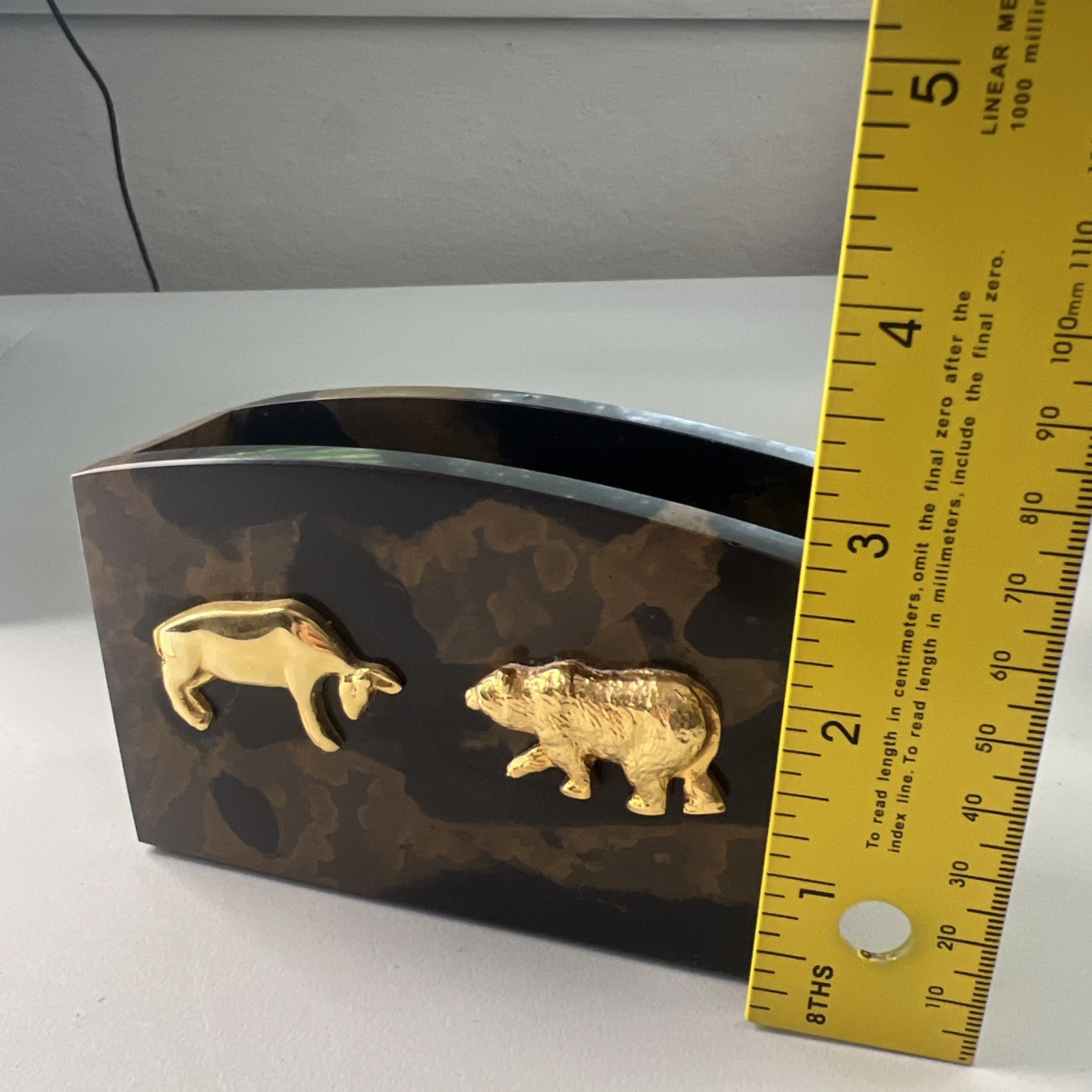 Bey-Berk Wall Street Golden Bull and Bear Tiger Eye Marble Pen Pencil Holder ￼