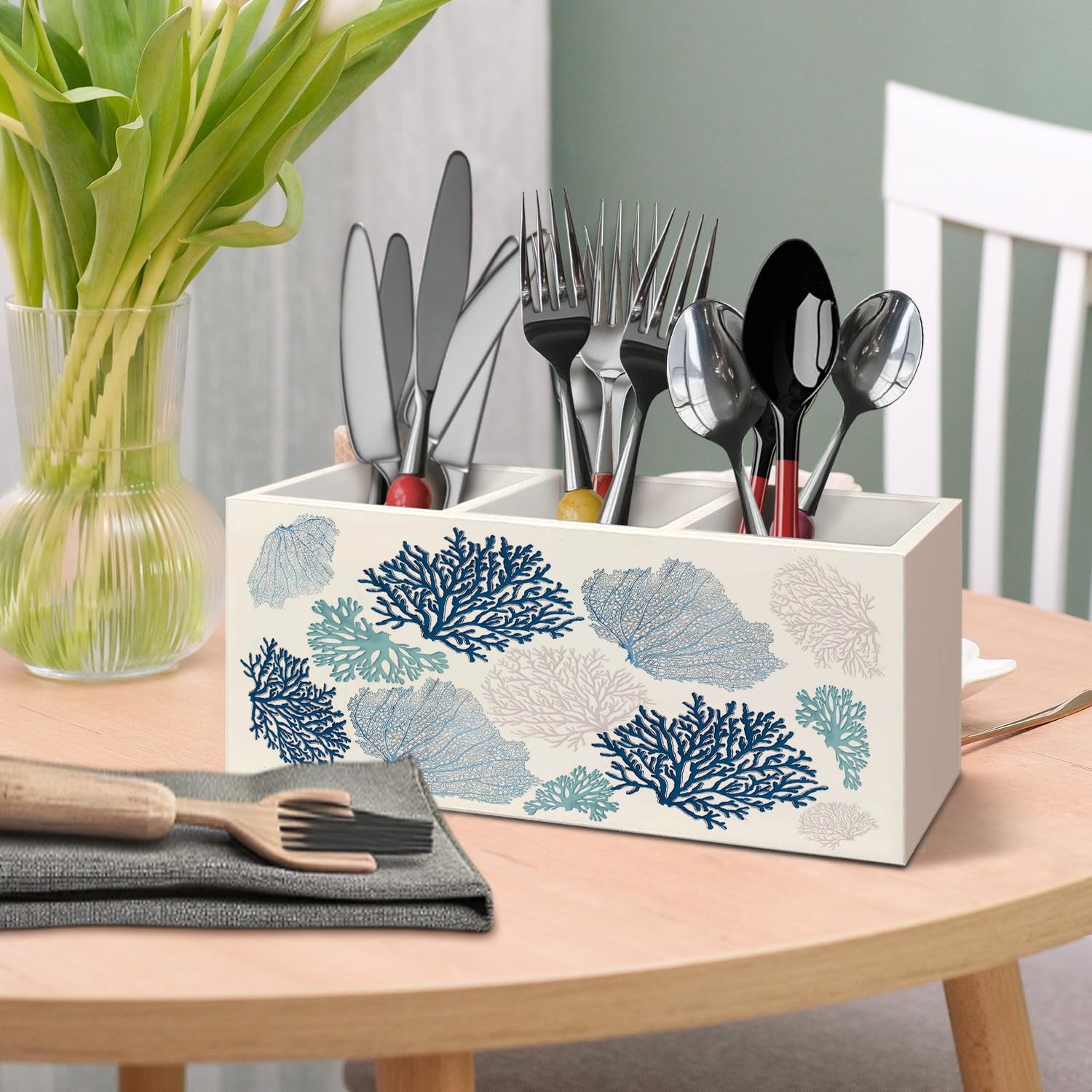 Blue Coastal Wooden Pen Pencil Holder for Desk Accessories, Beach Lover Gifts…
