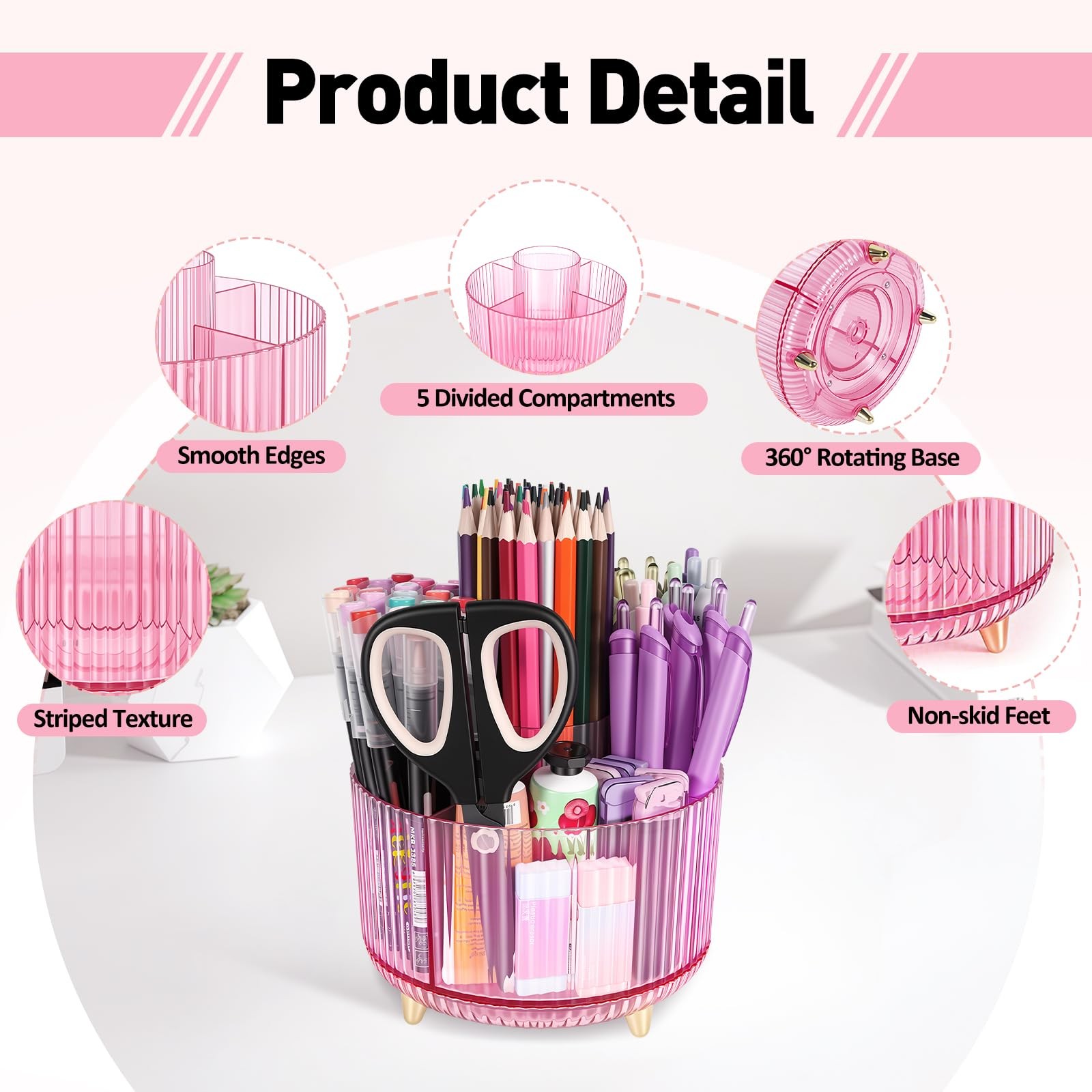 360 Rotating Pen Pencil Holder for Desk, Pen Organizer with 5 Slots, Makeup B…