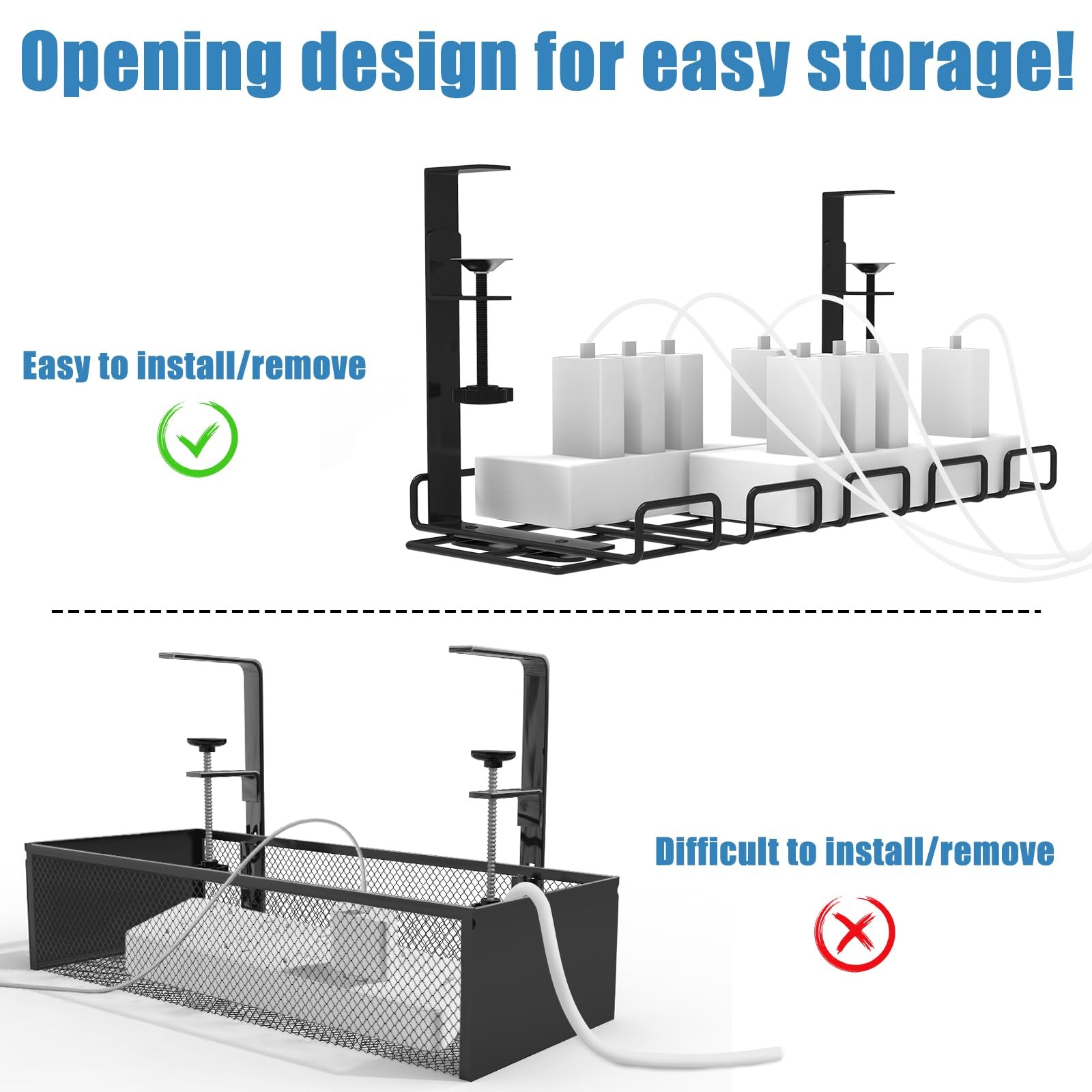 Under Desk Cable Management Tray, No Drill Steel Cord 51-Piece, Black
