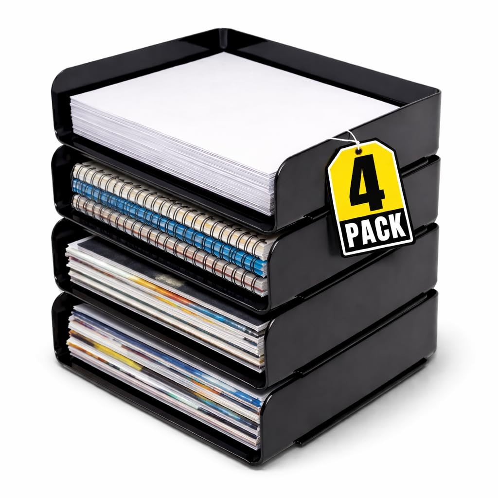 4 PCS Stackable Paper Tray Organizer Plastic Letter Tray Office Desk Black