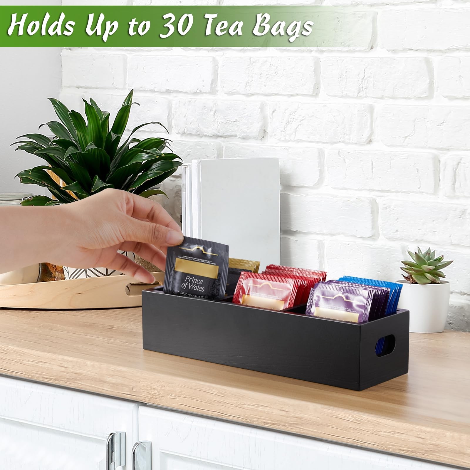 DRASTAR Tea Bag Organizer, Black Wooden Holder, 3 Slots,