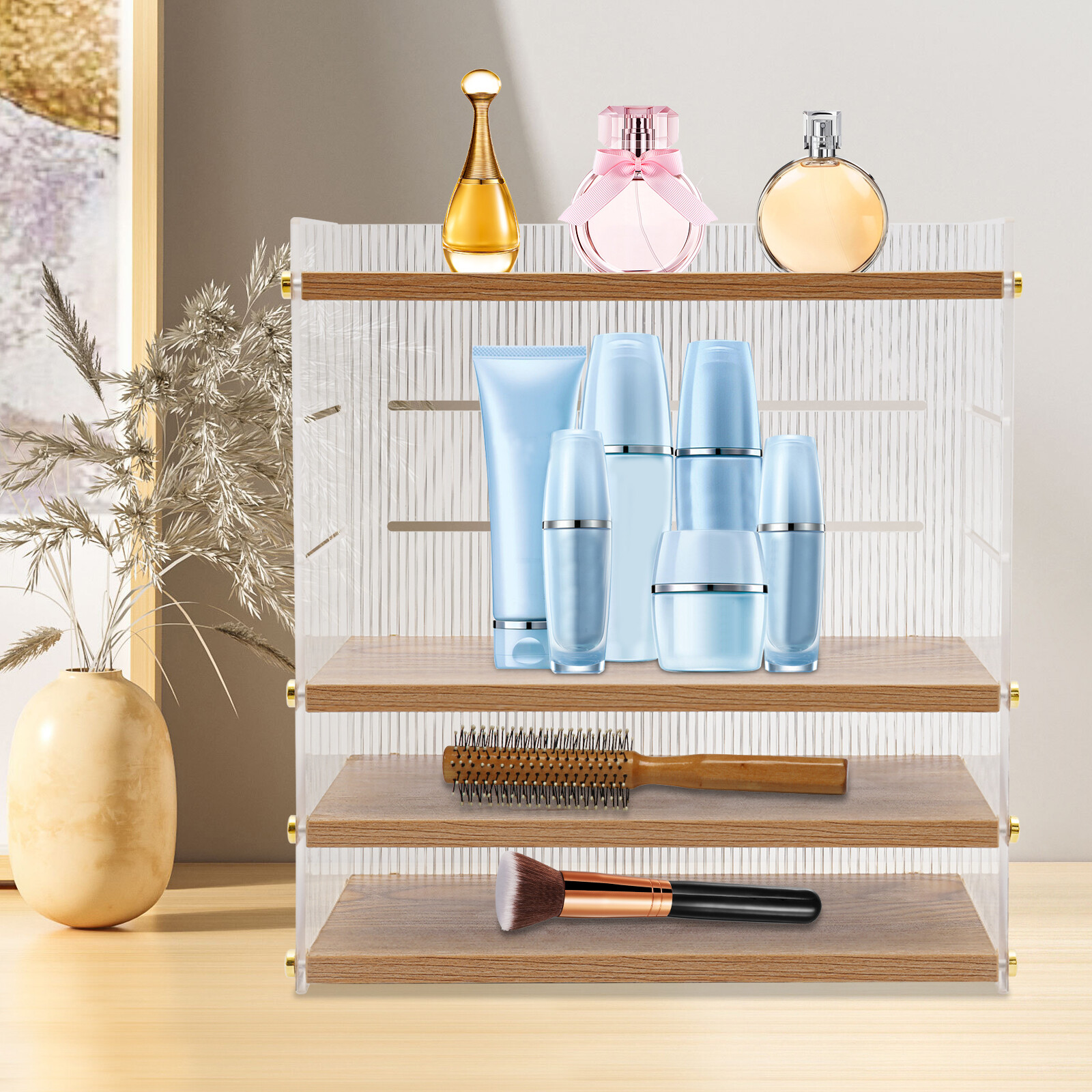 4 Tier Desk Organizer, Desktop Storage Cabinet, Storage Box Wood, Clear New