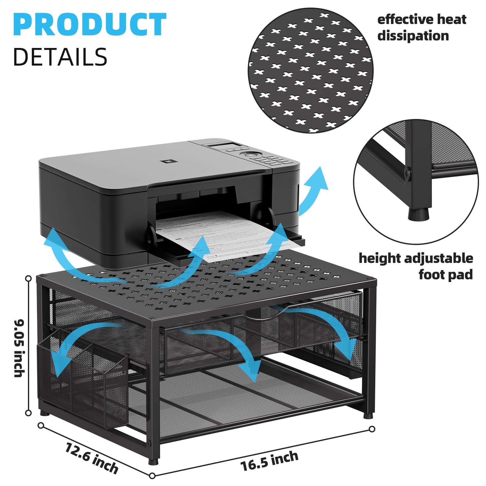 Marbrasse Metal Printer Stand for Desk with Storage Drawer and 2 Pen Black