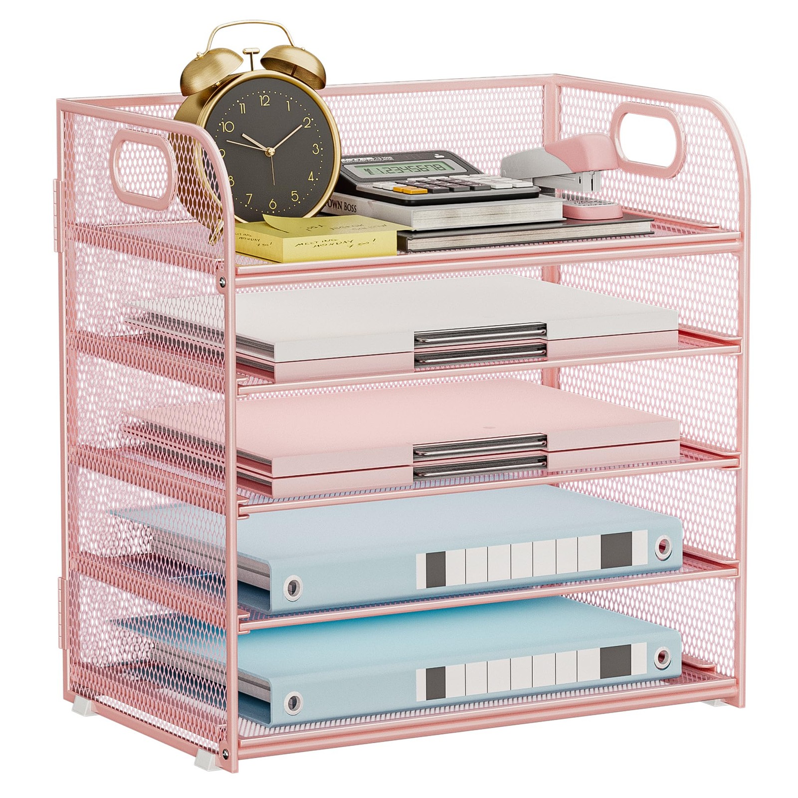 5-Tier Stackable Paper Organizer Handle Pink Metal Mesh Letter Tray File Desk