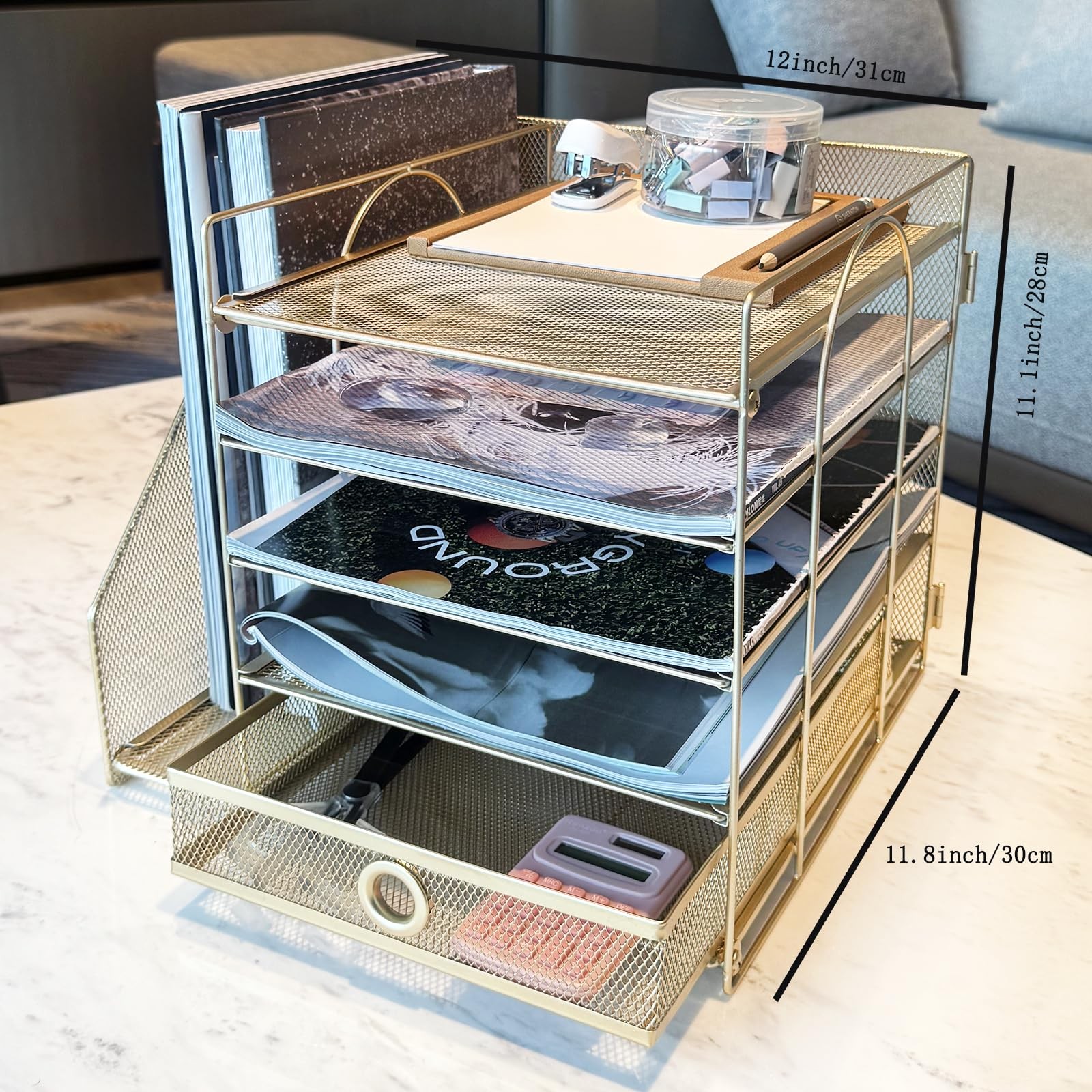 5-Tier Paper Letter Organizer with File Holder, 12″ x 11″ x 11.8″, Golden