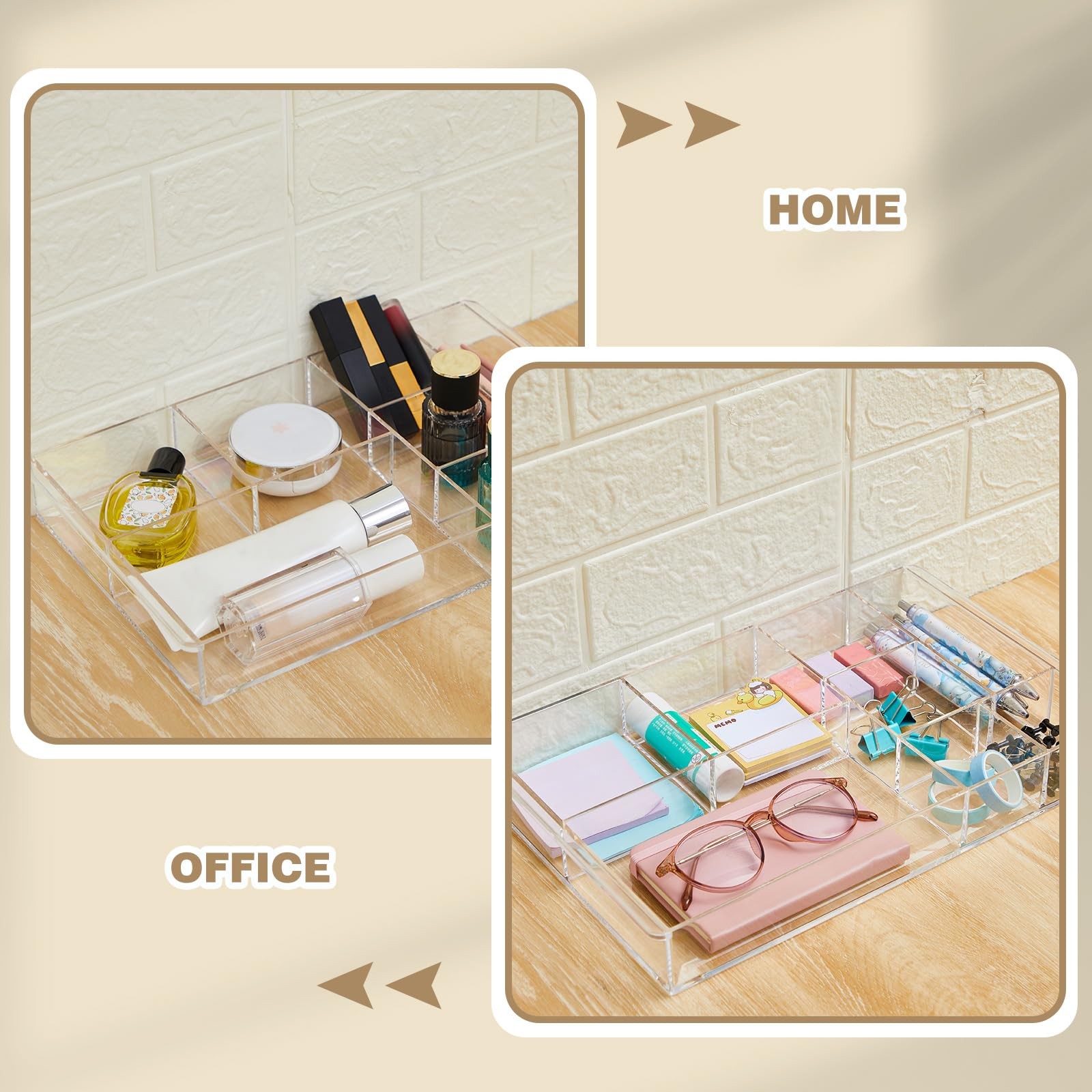 3 PCS Clear Acrylic Desk Drawer Organizer 13.7×8.7×2 Inch 8 Compartment Tray