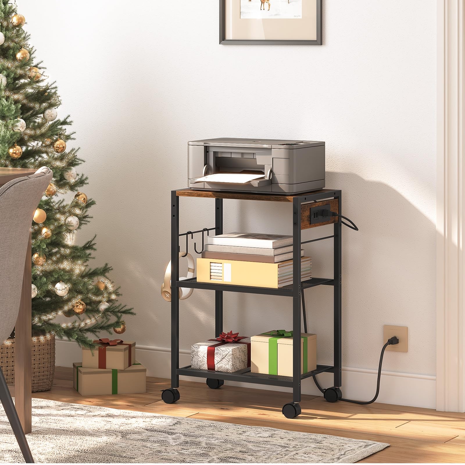 HOOBRO Industrial Printer Stand, 16.5” x 11”x 25.2”, Rustic Brown + Black