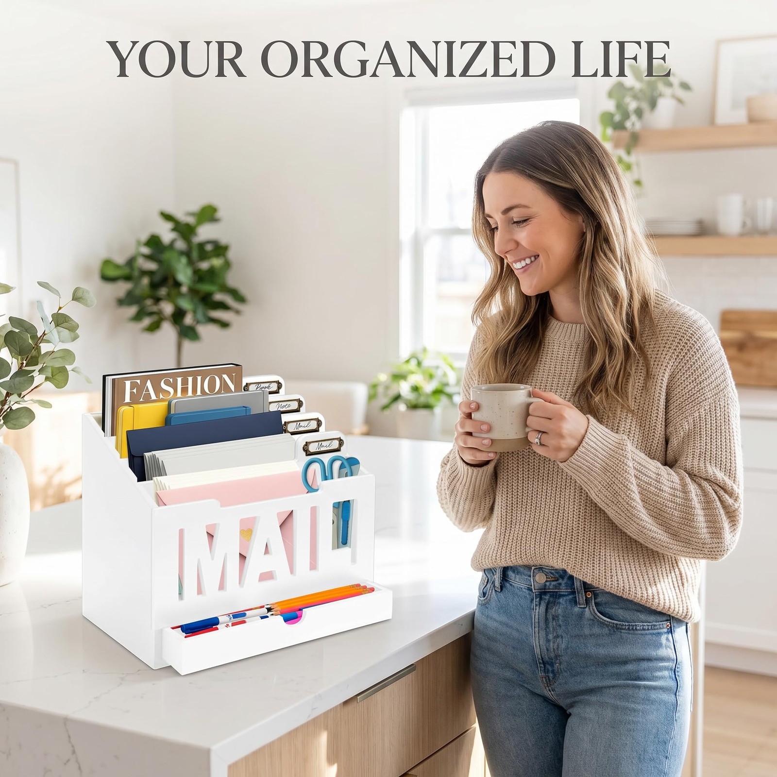 Mail Organizer Countertop, Desktop Sorter with Drawer & Large, White