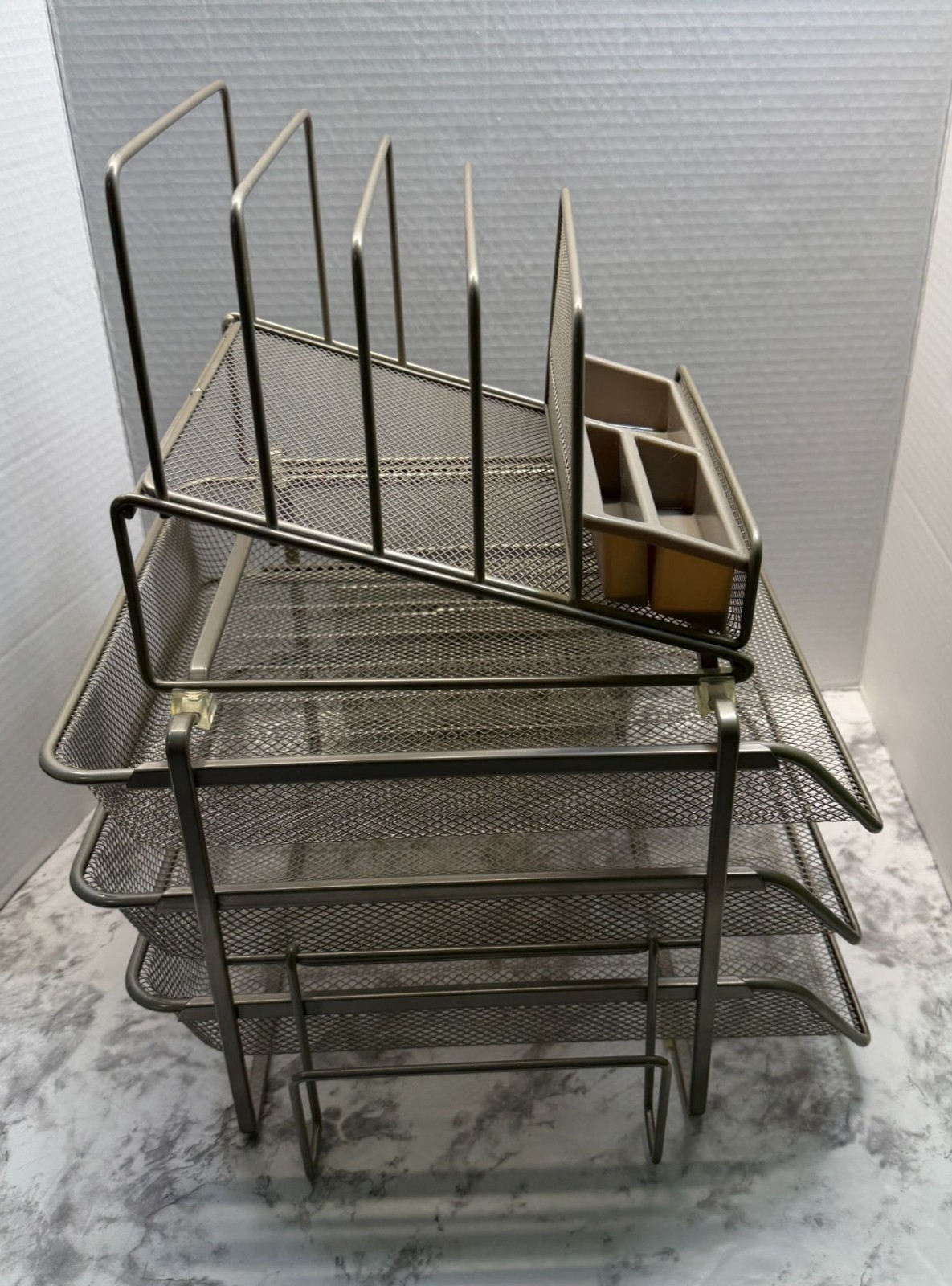 Mesh Metal Office Desk Organizer Steel Grey Finish Sliding Baskets Paper Holders