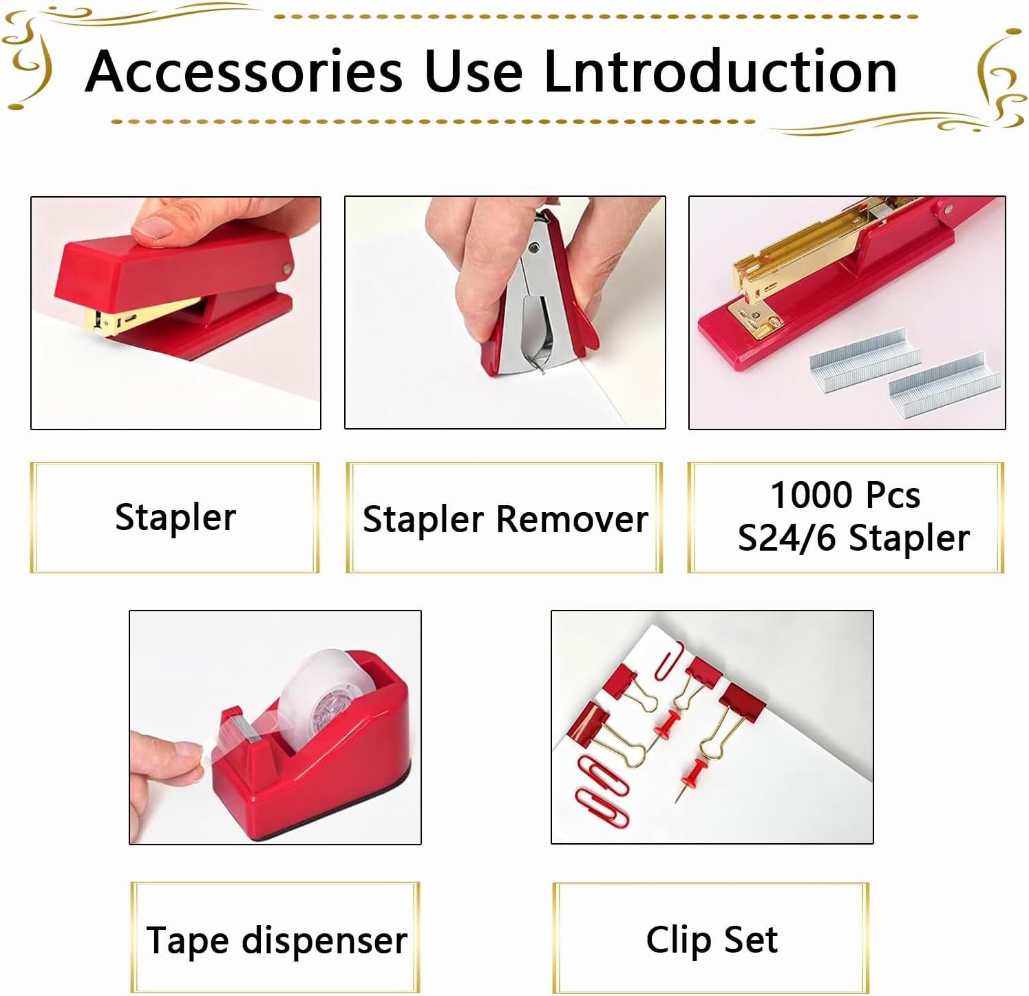 Office Supplies,Red Desk Accessories,Stapler and Tape Dispenser Set with Stapler