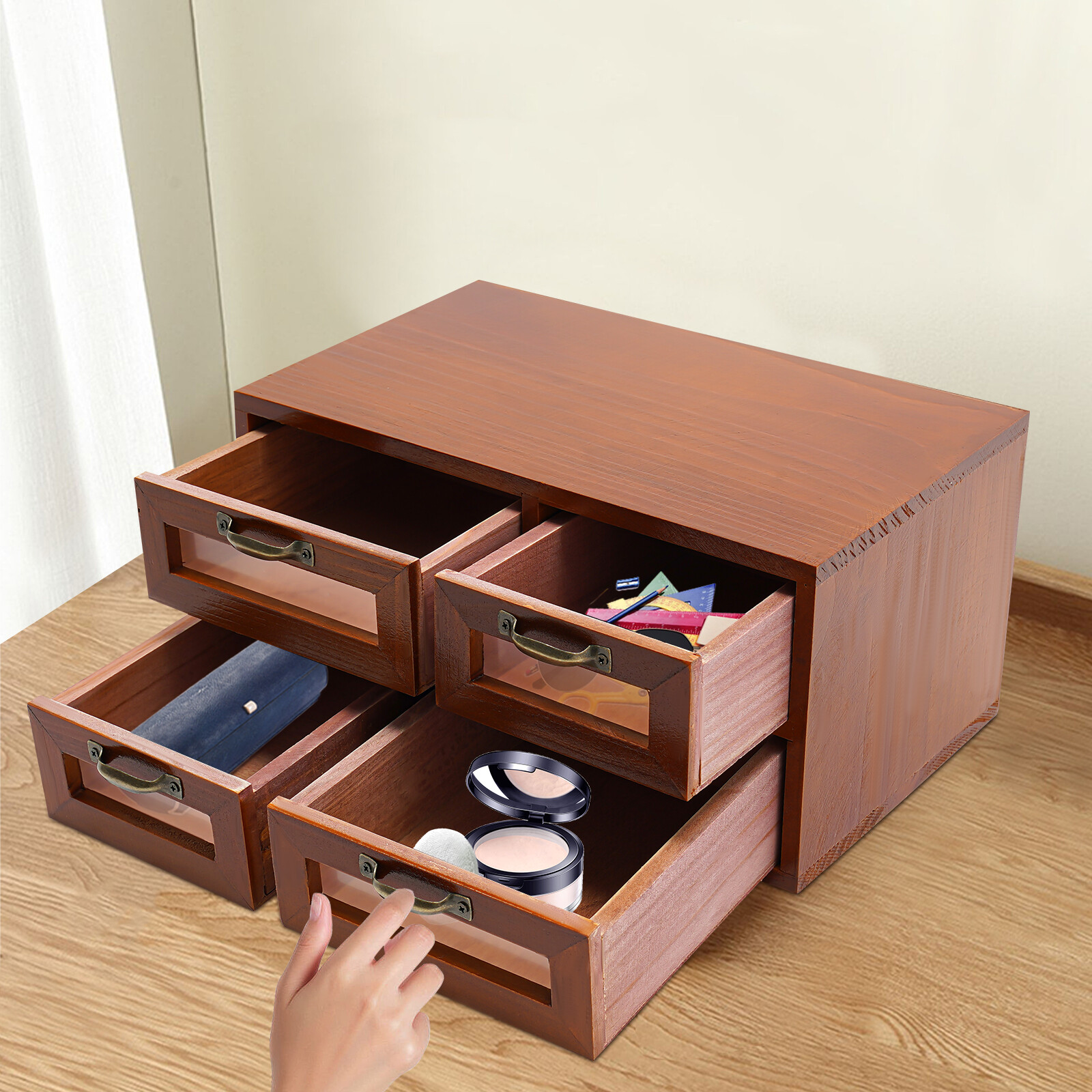 Desk Organizer with Drawers Wooden Desktop Storage Cabinet Storage Box 4 Drawer