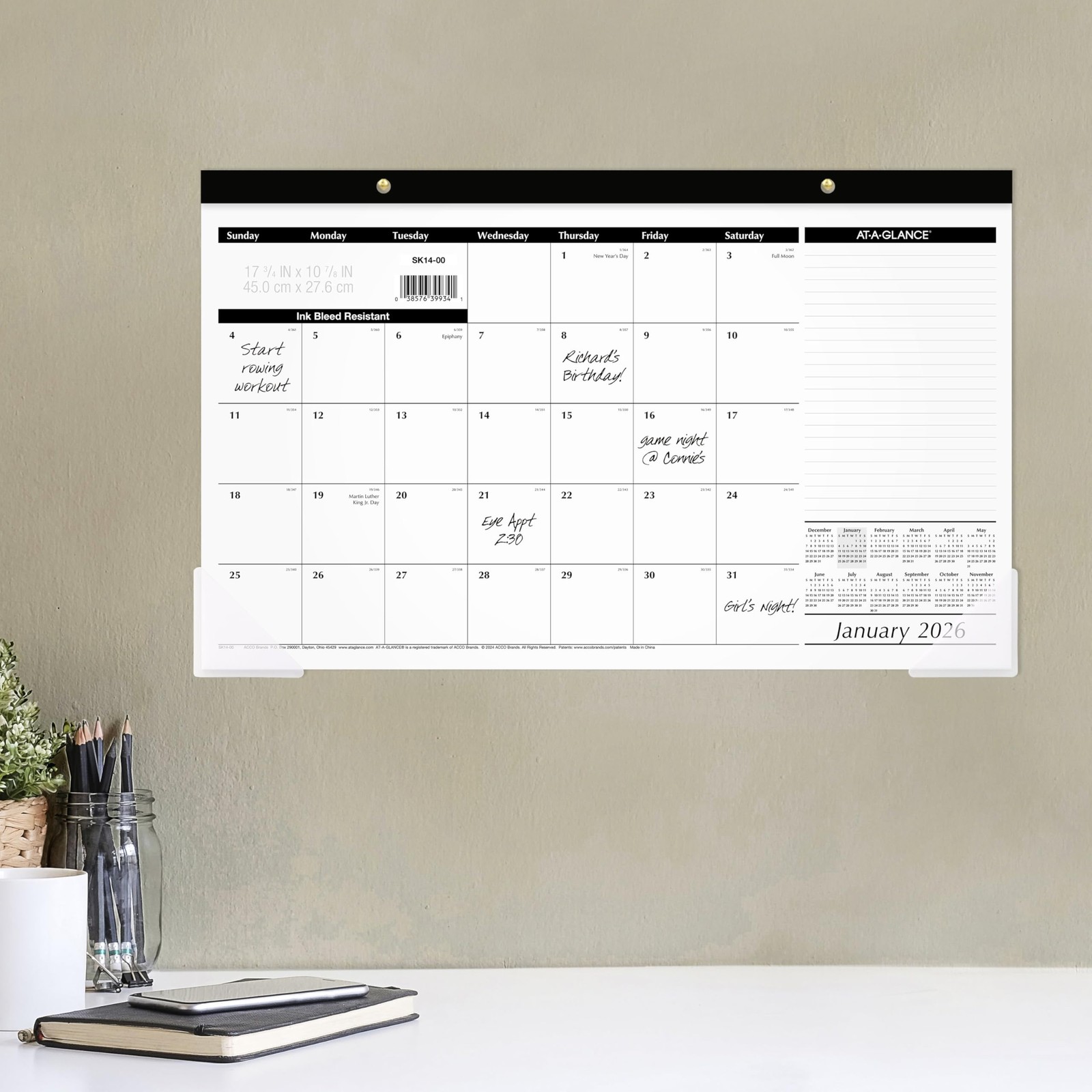 AT-A-GLANCE 2026 Desk Calendar, Monthly, Pad, 17.75″W x 11″H, White