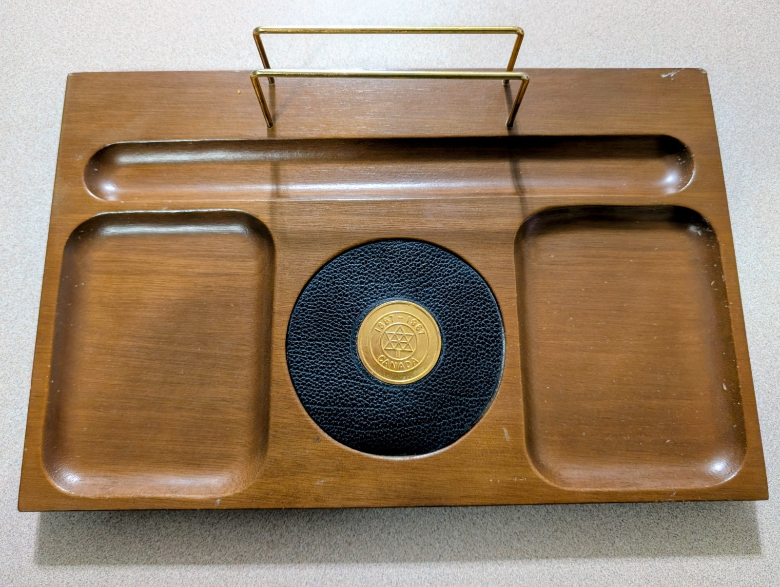 Vintage Wood Mens Desk Top Organizer 1967. Canada 1867-1967 Centennial Coin