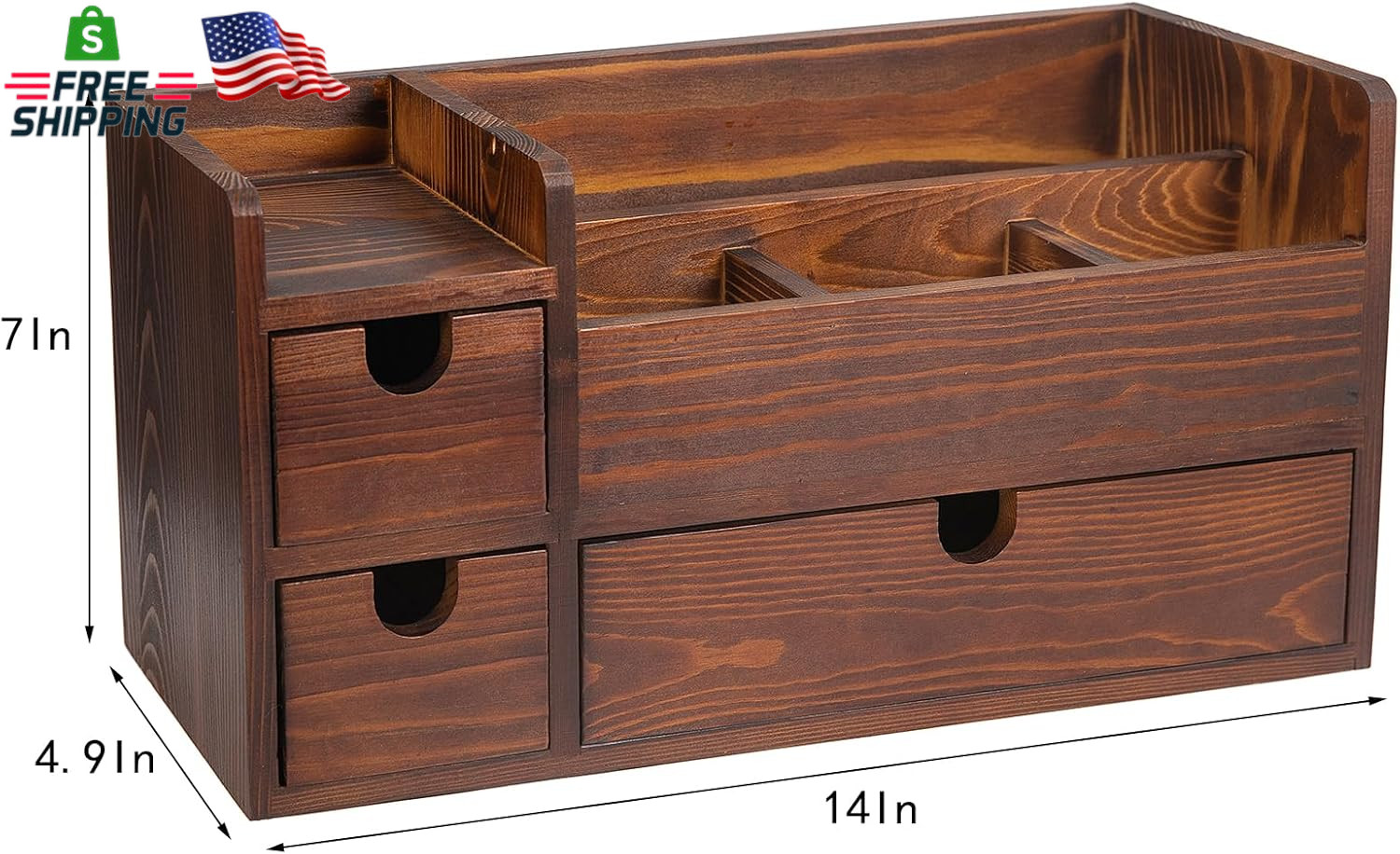 Rustic Brown Wooden Desktop Organizer Drawers Removable Office Supplies Torched