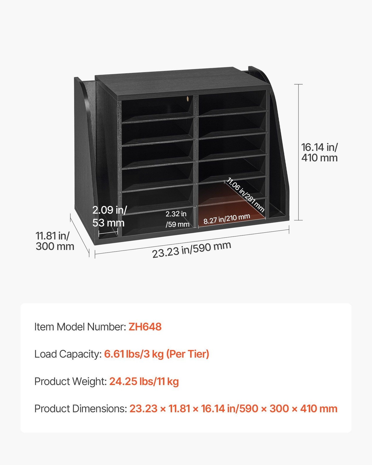 Desktop Literature Organizer – 12 Slot Wooden Sorter, Side Storage, Black Finish