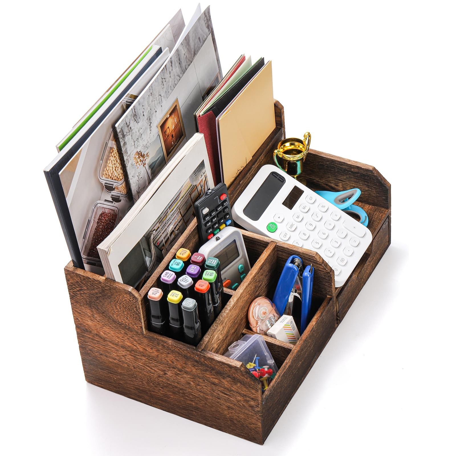Brown Wooden Mail Organizer, Desk Organizer with 7 Compartments and Drawer, R…