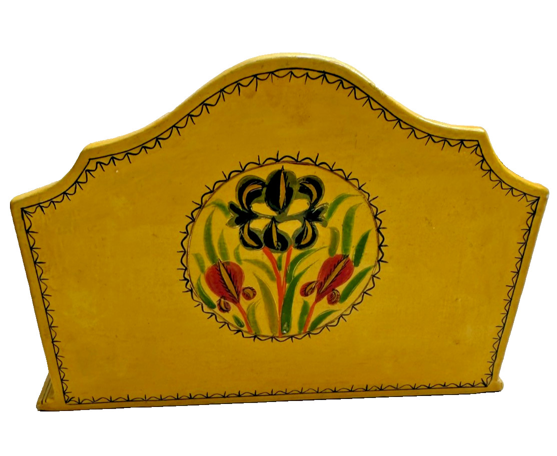 Desktop Letter Holder Yellow Painted Floral Organizer Paper Mache