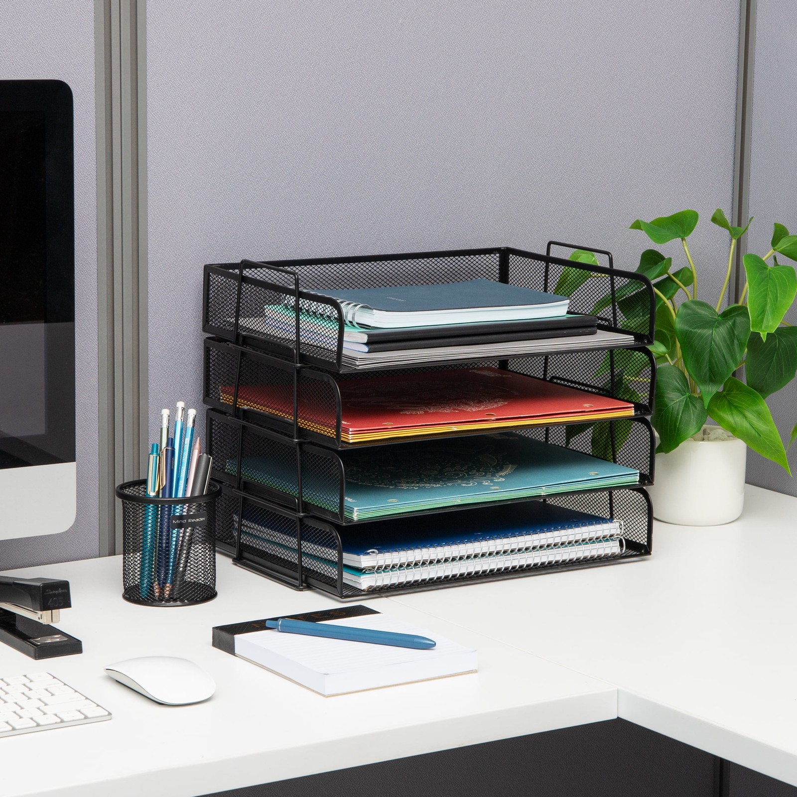 Mind Reader Stackable Paper Tray, Black, Metal Mesh, 4pc, Desktop Organizer
