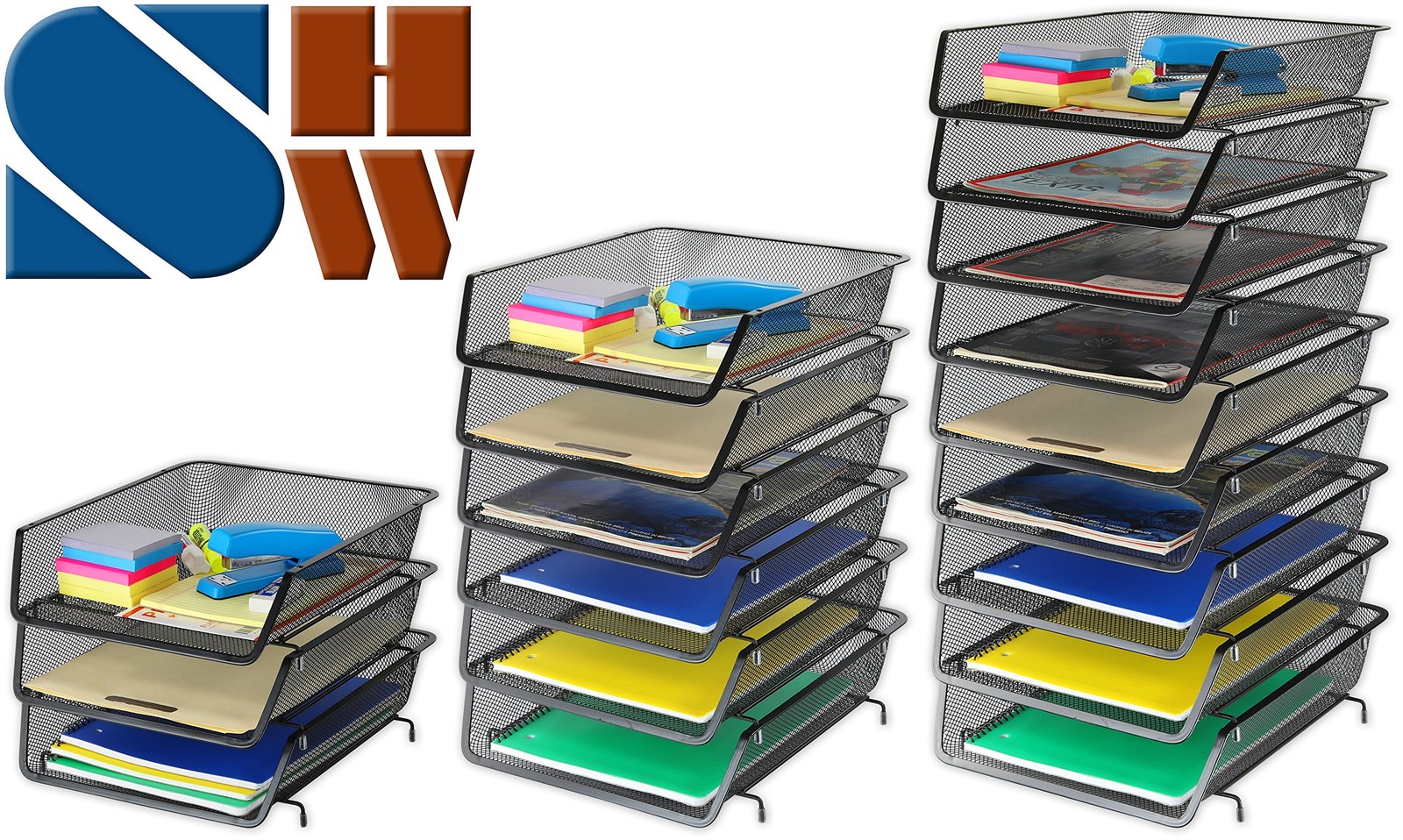 Simple Houseware Stackable Desk File Letter Tray Organizer, 3 Pack, Black
